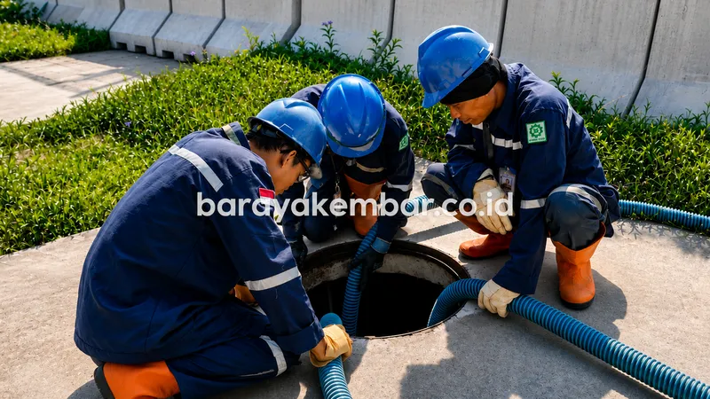 Teknisi melakukan proses sedot lumpur limbah menggunakan armada vakum modern.