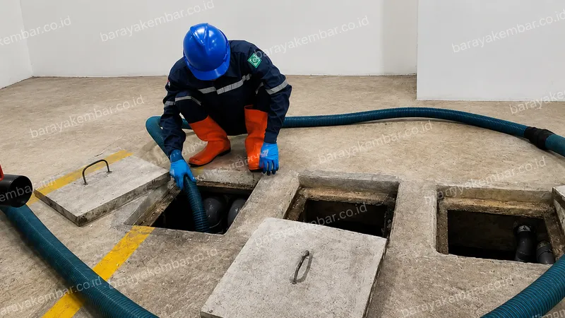 Teknisi membuka septic tank sebelum proses blower