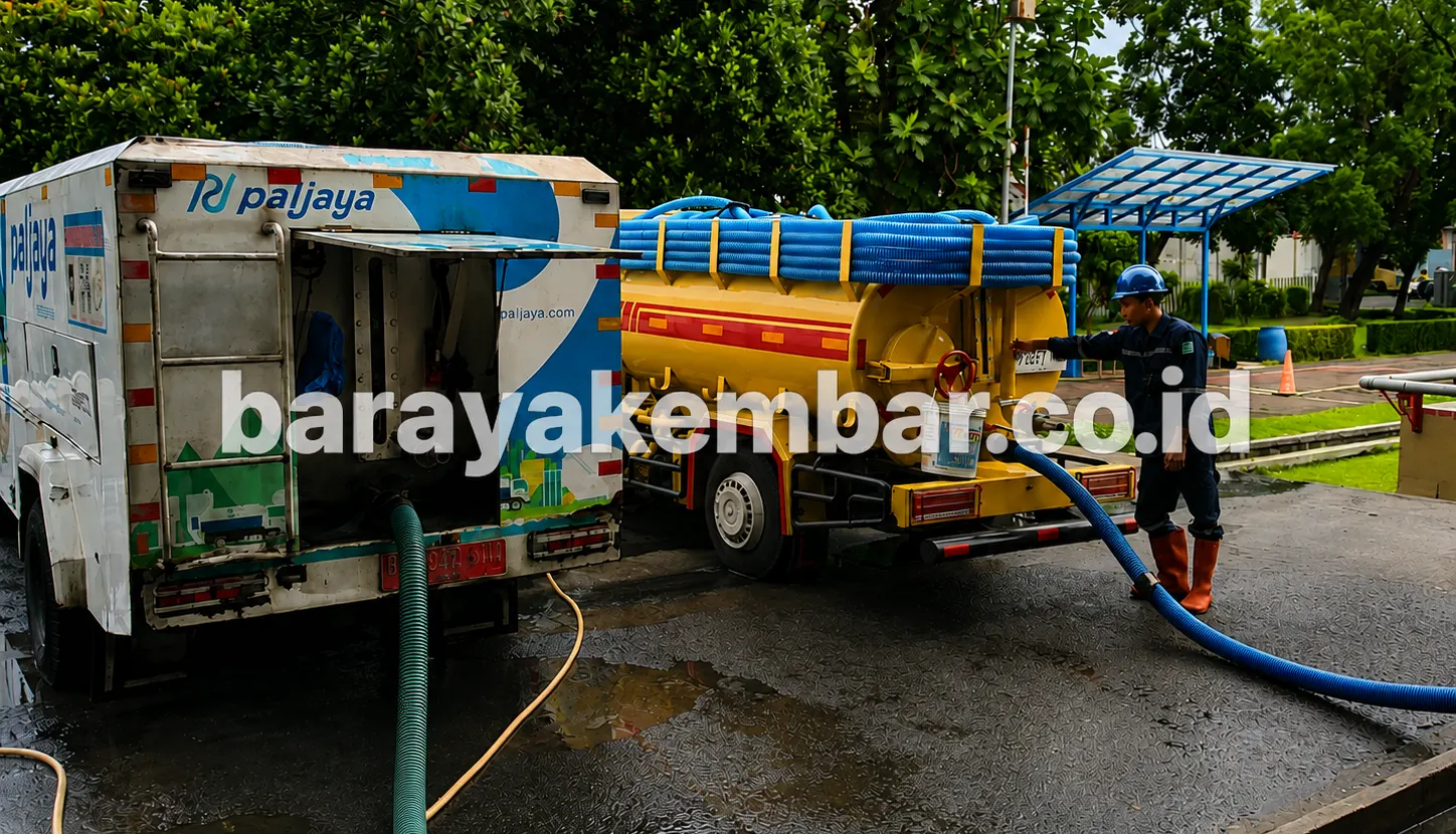 Armada sedot WC dan limbah sedang melakukan penyedotan limbah dengan selang