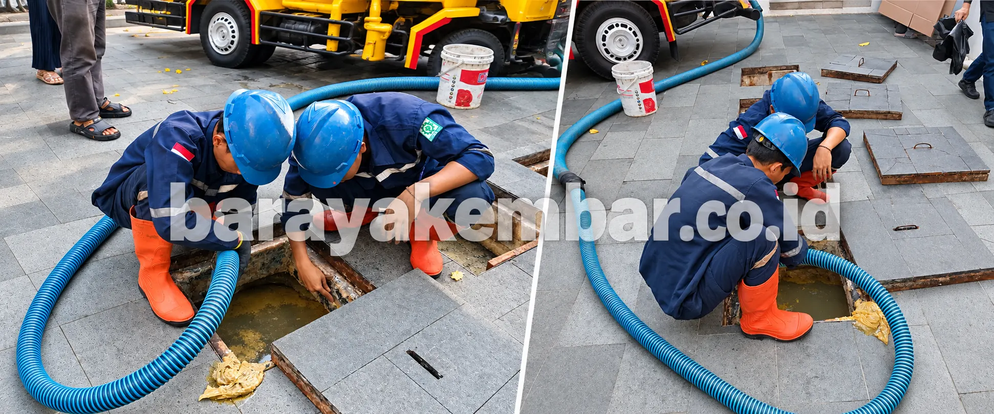 Teknisi Baraya Kembar melakukan penyedotan lumpur tinja dari septic tank menggunakan selang blower