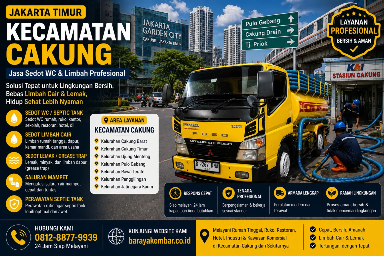 Jasa sedot WC dan limbah profesional di Kecamatan Cakung Jakarta Timur dengan armada tangki dan teknisi