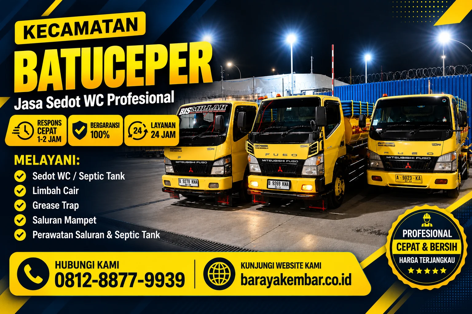 Tiga truk sedot WC kuning Baraya Kembar siap melayani Kecamatan Batuceper Tangerang