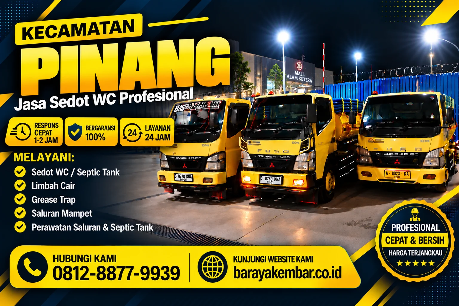 Truk sedot WC kuning Baraya Kembar siap melayani Kecamatan Pinang Tangerang